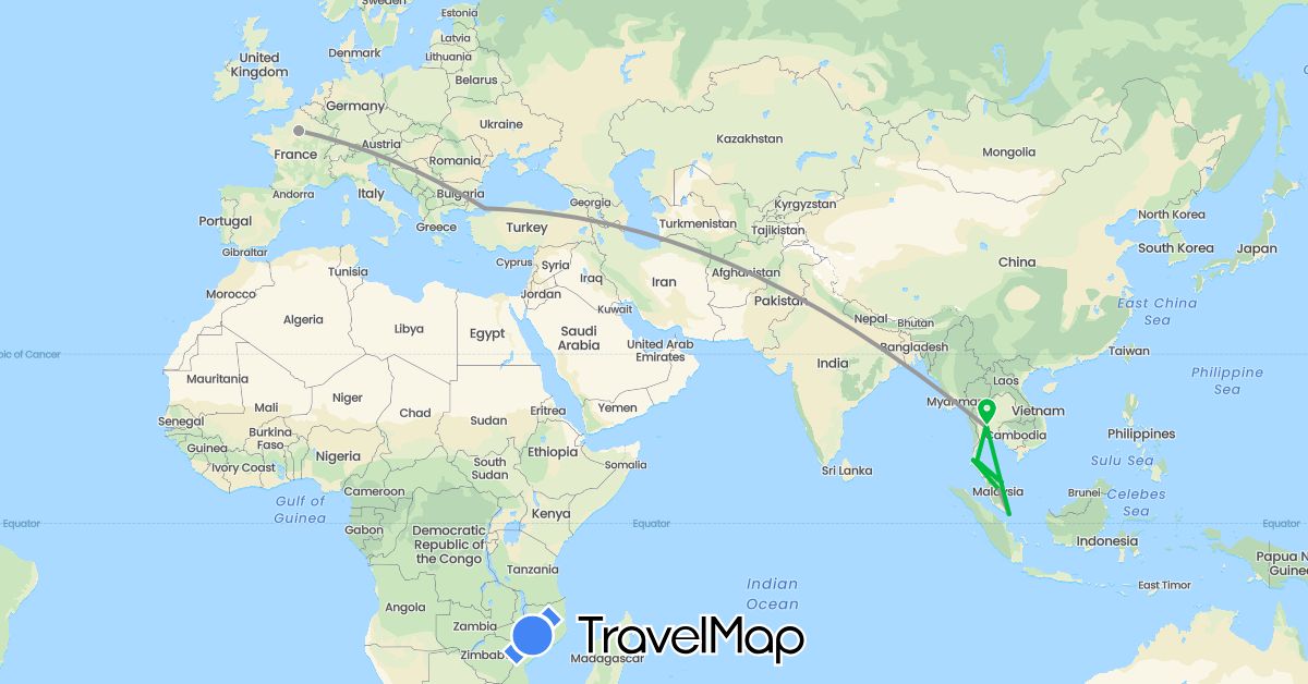 TravelMap itinerary: bus, plane in France, Malaysia, Thailand, Turkey (Asia, Europe)